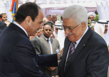 El presidente egipcio Abdel-Fattah el-Sissi, a la izquierda, saluda al presidente de la Autoridad Palestina, Mahmoud Abbas, durante su ceremonia de inauguración en el palacio presidencial en El Cairo, Egipto, el 8 de junio de 2014. (AP / MENA)