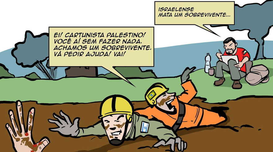 Leandro Spett, un caricaturista judío brasileño, publicó un dibujo en respuesta al de Latuff, en el que un caricaturista palestino ve a un salvador israelí y escribe: “Israel mata a un sobreviviente”. (Leandro Spett vía JTA)