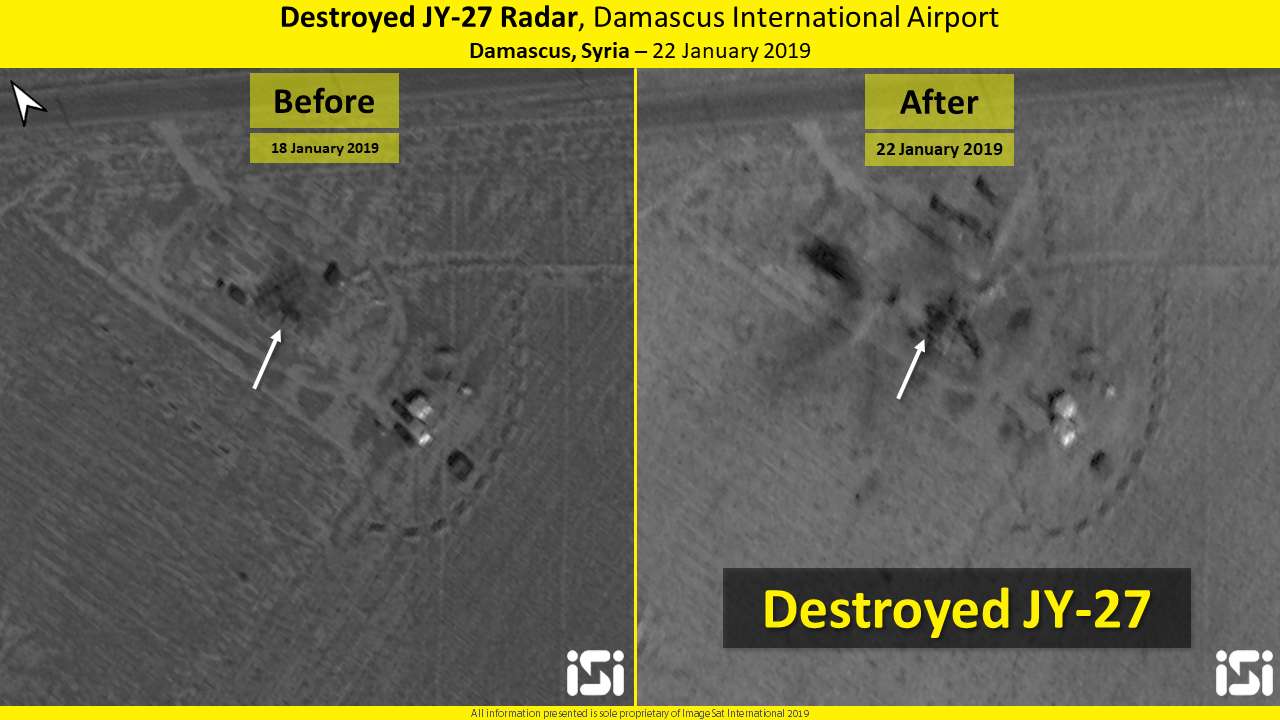 La imagen de satélite muestra el daño causado por el ataque israelí contra objetivos en el Aeropuerto Internacional de Damasco, 22 de enero de 2019. ImageSat International