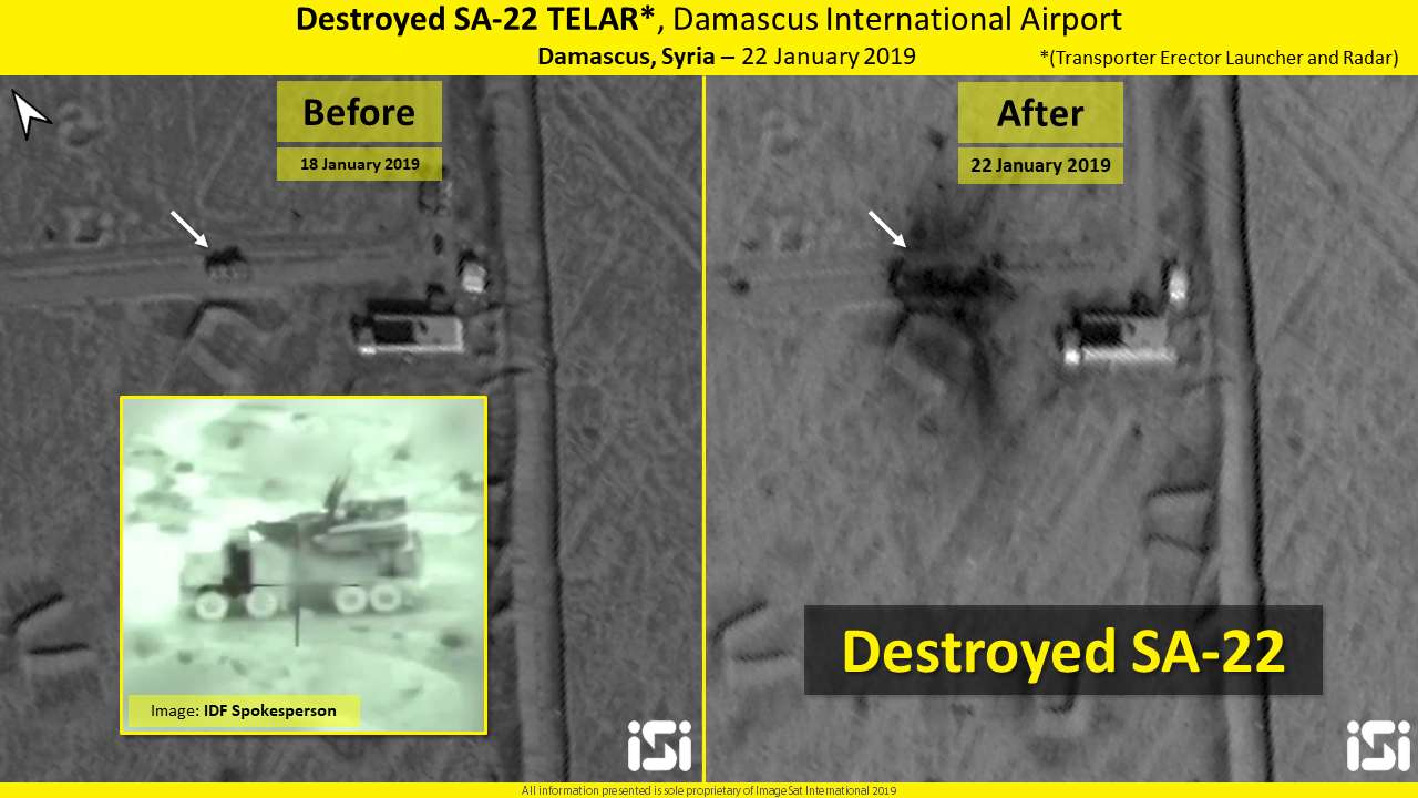 La imagen de satélite muestra el daño causado por el ataque israelí contra objetivos en el Aeropuerto Internacional de Damasco, 22 de enero de 2019. ImageSat International
