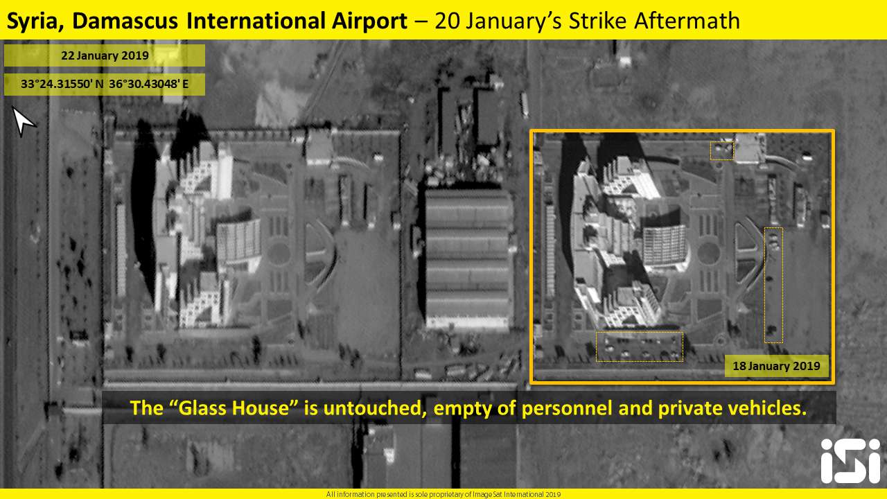 La imagen de satélite muestra el daño causado por el ataque israelí contra objetivos en el Aeropuerto Internacional de Damasco, 22 de enero de 2019. ImageSat International