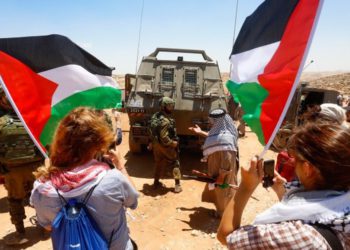 FOTO: "Turistas" protestan contra Israel cerca de Hebrón el 7 de julio de 2018. (Wisam Hashlamoun / Flash90)