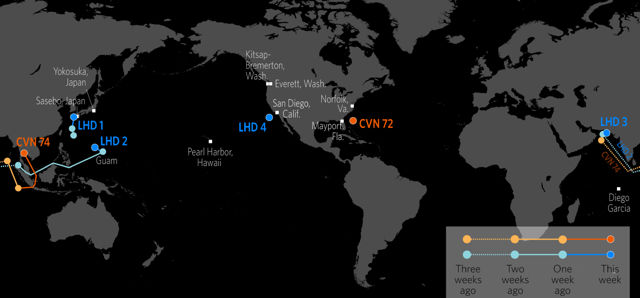 La última posición del USS Abraham Lincoln (CVN72), al 14 de febrero de 2019 (Stratfor)