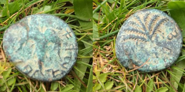 Los dos lados de la antigua moneda descubierta el 6 de febrero de 2019 en la región de Lachish, que se remonta a la revuelta de Bar Kochba en 133 o 134 CE. (Shiri Burchard)
