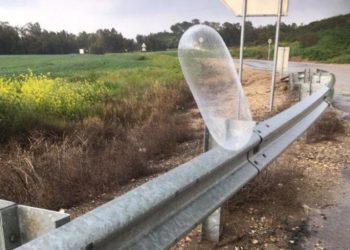 Un globo que lleva un presunto dispositivo explosivo de la Franja de Gaza aterriza en el sur de Israel el 19 de febrero de 2019. (Yediot MeHaShetah)