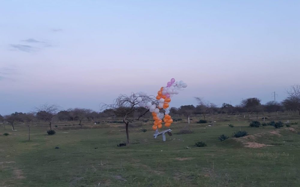 Un grupo de globos que llevan lo que parece ser un modelo de cartón de un avión no tripulado que se lanzó desde la Franja de Gaza aterriza en el sur de Israel el 20 de febrero de 2019. (Seguridad de Eshkol)