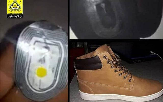 Las imágenes dicen que muestran zapatos con dispositivos de rastreo incautados por Hamás, en ruta a la Franja de Gaza el 16 de febrero de 2019 (captura de pantalla: Twitter)