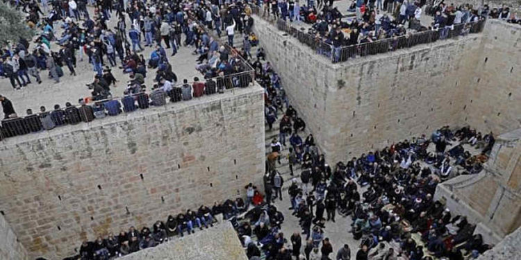 Musulmanes se reúnen antes del viernes a mediodía, en las instalaciones de la Puerta de la Misericordia en el Monte del Templo en la Ciudad Vieja de Jerusalem, el 22 de febrero de 2019. (Ahmad Gharabli / AFP)