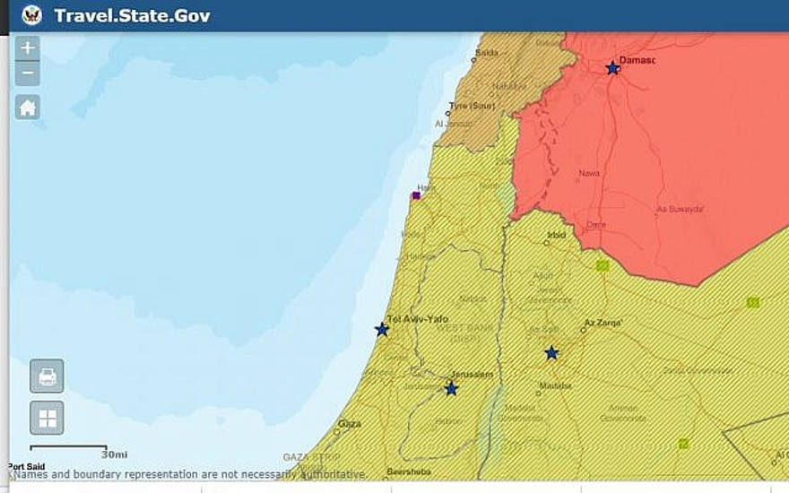 Una captura de pantalla del mapa oficial de Israel del Departamento de Estado el 28 de marzo de 2019, que muestra los Altos del Golán como parte de Siria. (captura de pantalla: Departamento de Estado)