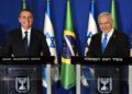 El presidente brasileño, Jair Bolsonaro, izquierda, y el primer ministro israelí, Benjamin Netanyahu, hablaron durante una conferencia de prensa conjunta en la Residencia del primer ministro en Jerusalén el 31 de marzo de 2019. (DEBBIE HILL / POOL / AFP)