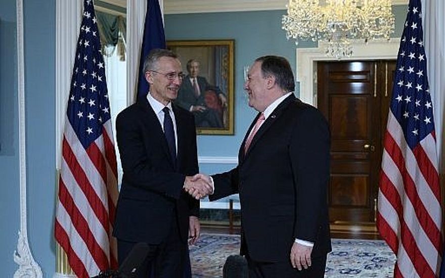 El Secretario de Estado de los Estados Unidos, Mike Pompeo, se reúne con el Secretario General de la OTAN, Jens Stoltenberg, en el Departamento de Estado en Washington, DC, el 3 de abril de 2019. (ANDREW CABALLERO-REYNOLDS / AFP)