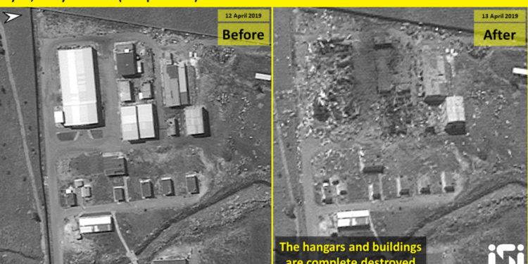 Las fotos satelitales publicadas por ImageSat International muestran las consecuencias de los ataques aéreos atribuidos a Israel contra una base militar siria en Masyaf en la provincia de Hama el 12 de abril de 2019. (ImageSat International)