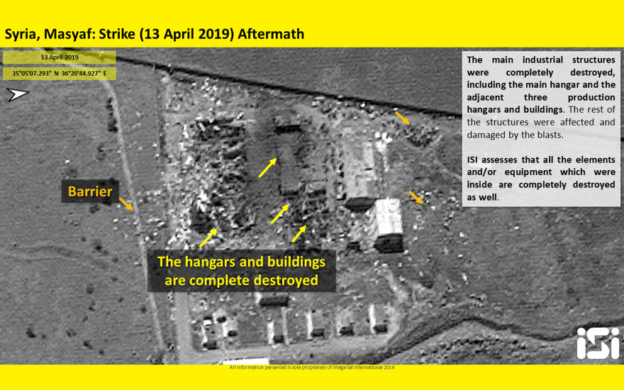 Las fotos satelitales publicadas por ImageSat International muestran las consecuencias de los ataques aéreos atribuidos a Israel contra una base militar siria en Masyaf en la provincia de Hama, el 12 de abril de 2019. (ImageSat International)