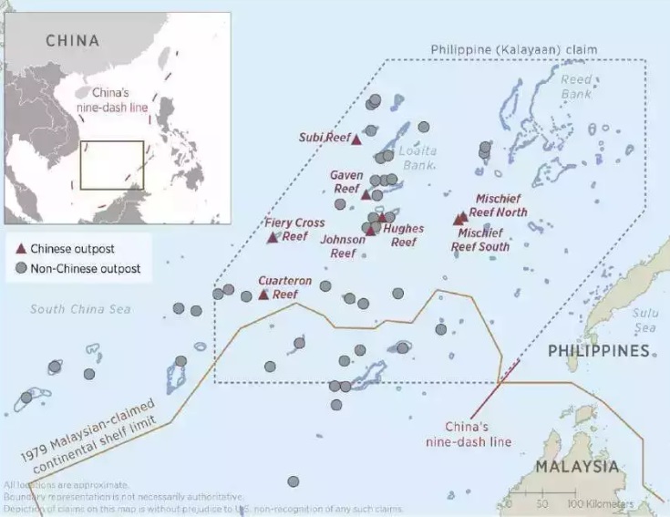 Un mapa de los puestos militares chinos en la cadena de islas Spratly. Pag-asa está situada justo al noreste de Subi Reef.