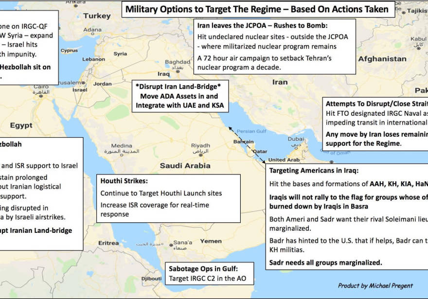 l mapa de Michael Pregent de las posibles acciones militares que podrían tomar los EE. UU. para enfrentar a Irán, basándose en diferentes escenarios de amenaza. . (Crédito de la foto: MICHAEL PREGENT)