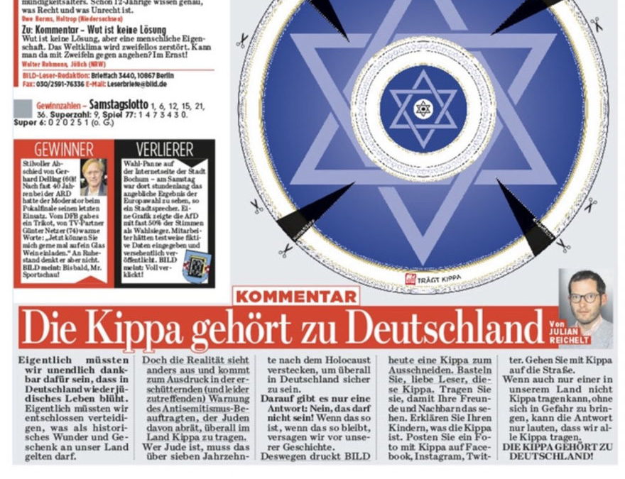 Periódico alemán imprime recorte de kipá en su portada en solidaridad con los judíos