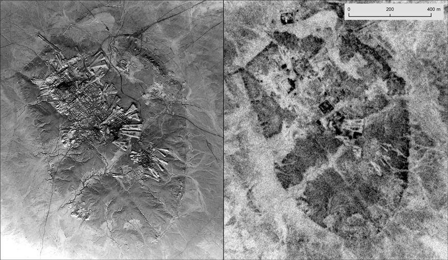 Ur, ahora el moderno Irak, tomado por U2 Mission 8648 en octubre de 1959 (izquierda); e imágenes satelitales de CORONA en mayo de 1969. Observe la diferencia de resolución (NARA)