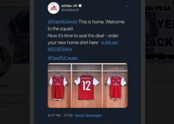 Adidas accidentalmente publicó un mensaje pidiendo que los judíos fueran gaseados luego de que una promoción automática fuera secuestrada por trolls. (Captura de pantalla)