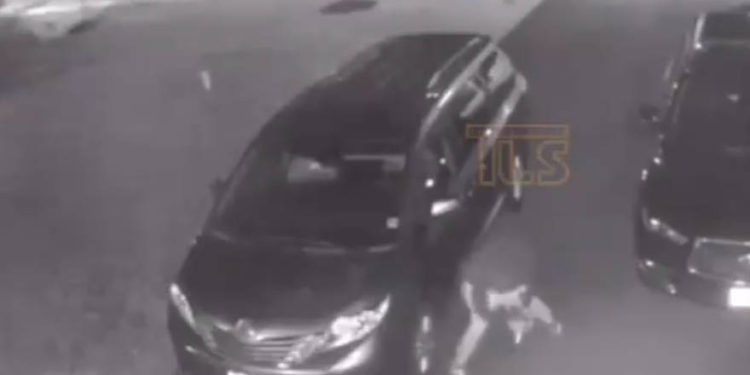 Se puede ver a un sospechoso golpeando una llanta de un automóvil en Lakewood Township, Nueva Jersey, el 10 de agosto de 2019. (Captura de pantalla: Twitter)