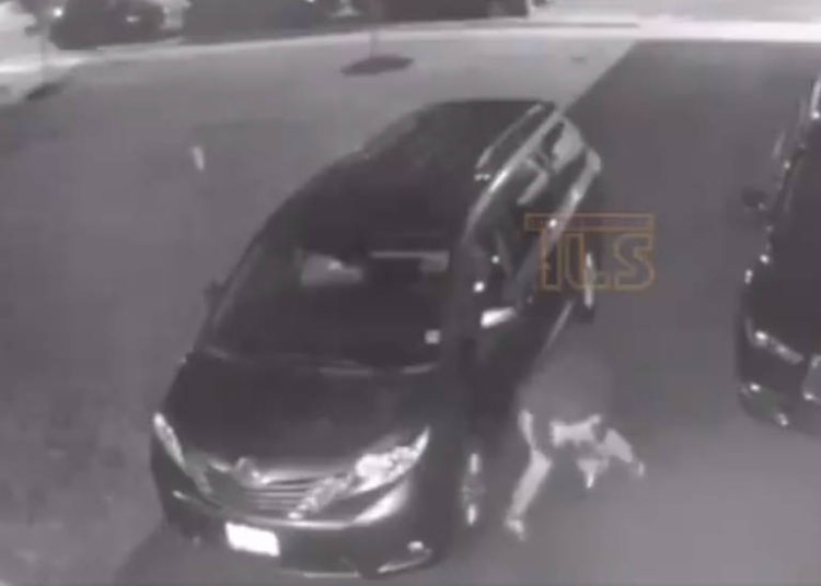 Se puede ver a un sospechoso golpeando una llanta de un automóvil en Lakewood Township, Nueva Jersey, el 10 de agosto de 2019. (Captura de pantalla: Twitter)