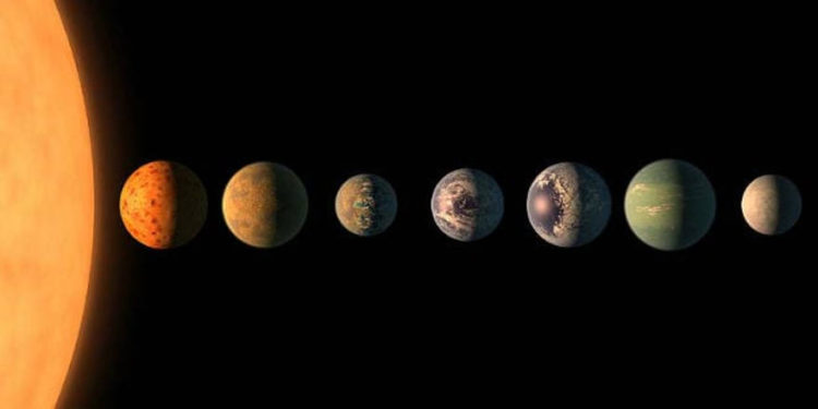 El concepto de este artista muestra el aspecto de cada uno de los planetas TRAPPIST-1, según los datos disponibles sobre sus tamaños, masas y distancias orbitales. (Cortesía de NASA / JPL-Caltech)