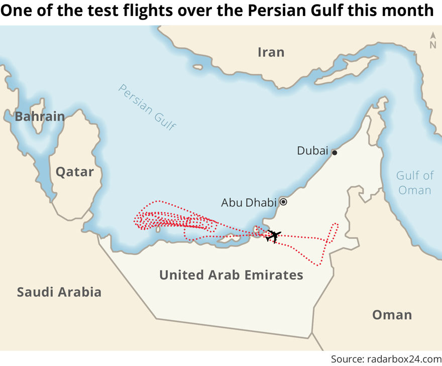Uno de los vuelos de prueba sobre el Golfo Pérsico este mes