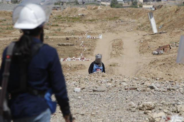 Los limpiadores de minas iraquíes que trabajan para Halo Trust, una organización sin fines de lucro especializada en la remoción de minas, escanean un área agrícola el 25 de agosto de 2019 cerca de Baiji, una región rica en petróleo devastada por la lucha contra el grupo Estado Islámico (IS) en 2014. (SABAH ARAR / AFP)