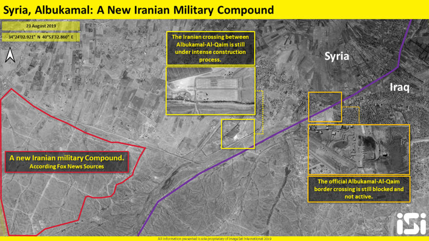 Esta imagen muestra un nuevo complejo militar iraní, según fuentes de Fox News; el centro es el cruce iraní entre Albukamal-Al-Qaim en construcción; derecha es el cruce fronterizo oficial que está bloqueado y no está activo. (ISI)