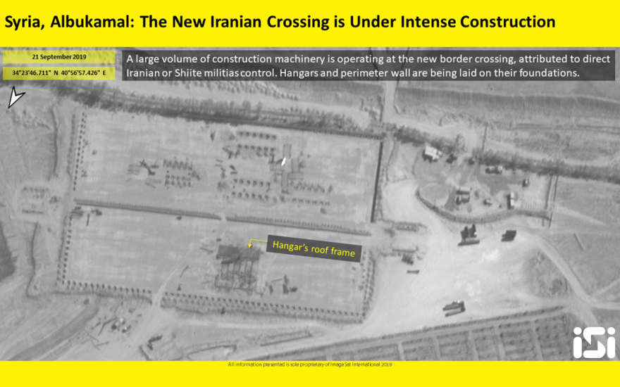 Imagen de satélite que muestra la construcción en curso en un supuesto cruce fronterizo controlado por Irán en la región de Boukamal de Siria, cerca de la frontera iraquí, el 21 de septiembre de 2019. (ImageSat International)