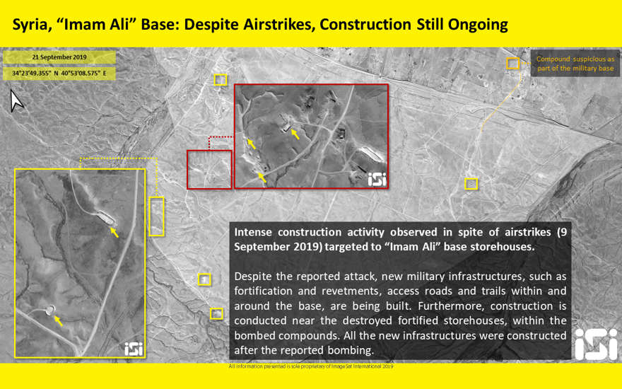 Imagen satelital que muestra la construcción en curso en una supuesta base militar iraní en la región de Boukamal en Siria, cerca de la frontera iraquí, el 21 de septiembre de 2019. (ImageSat International)