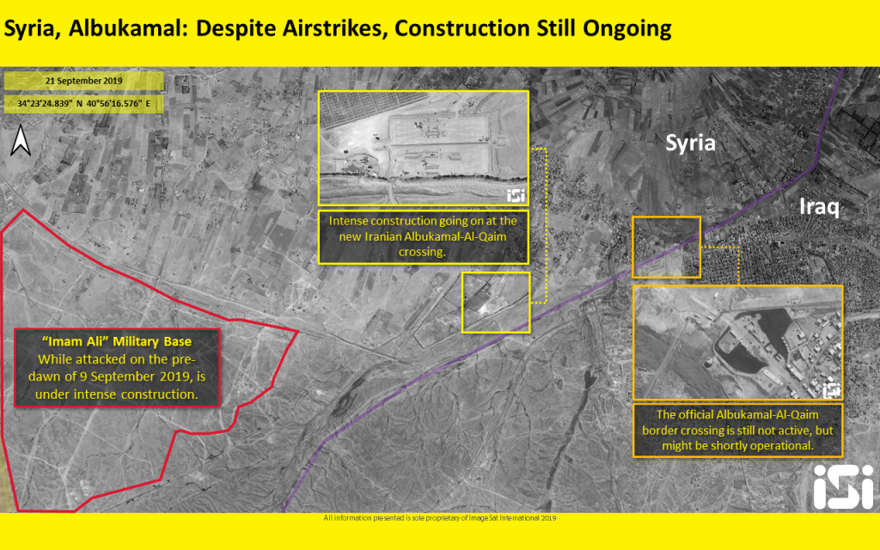 Imagen de satélite que muestra la construcción en curso en un supuesto cruce fronterizo controlado por Irán en la región de Boukamal de Siria, cerca de la frontera iraquí, el 21 de septiembre de 2019. (ImageSat International)