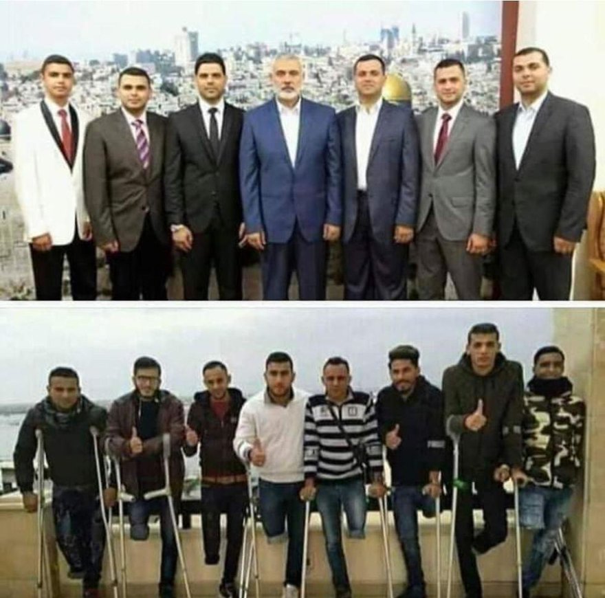 Arriba: el líder de Hamás Ismail Haniyeh con sus seis hijos. Abajo: jóvenes heridos pagados por Hamás para protestar contra la cerca de Gaza
