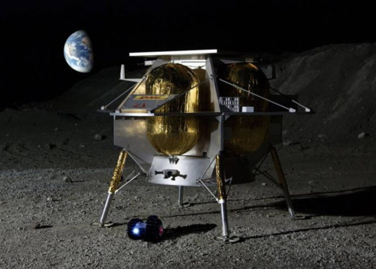Una ilustración artística del pequeño rover Yaoki de Dymon y el módulo de aterrizaje Peregrine más grande de Astrobotic en la superficie de la luna.(Imagen: © Astrobotic / Dymon)
