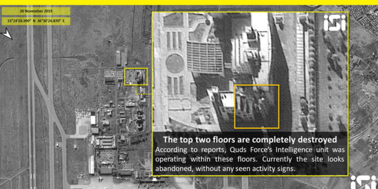 Imagen satelital que muestra la destrucción causada por los ataques aéreos israelíes a una supuesta instalación controlada por Irán en el Aeropuerto Internacional de Damasco el 20 de noviembre de 2019. (ImageSat International)