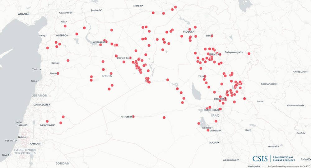 Figura 2: Ataques del Estado Islámico en Irak y Siria, 2019 - Fuente: "Jane's Terrorism and Insurgency Center", IHS Markit, 2019.
