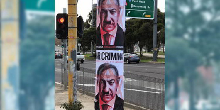 Carteles de Netanyahu con bigote de Hitler en Australia