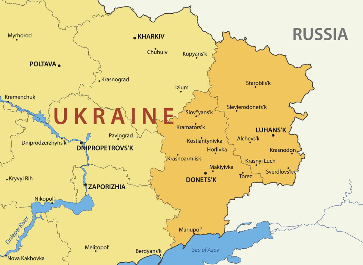 Un mapa muestra las regiones de Donetsk y Luhansk de Ucrania. GETTY/ISTOCKPHOTO