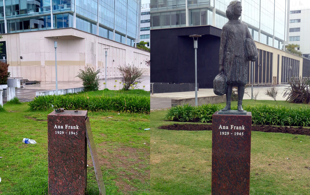 Vandalizan estatua de Ana Frank en Ámsterdam con grafitis pro palestinos