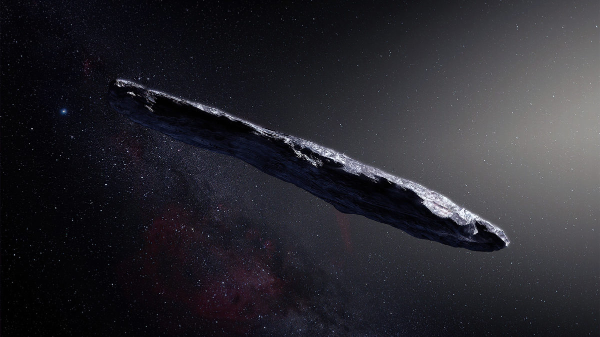Impresión artística del asteroide interestelar Oumuamua. El científico Avi Loeb cree que podría ser un artefacto extraterrestre. (Cortesía/Observatorio Europeo Austral, M. Kornmesser)