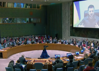 El presidente de Ucrania, Volodymyr Zelensky, se dirige al Consejo de Seguridad de la ONU el 5 de abril de 2022. (captura de pantalla: UNTV)