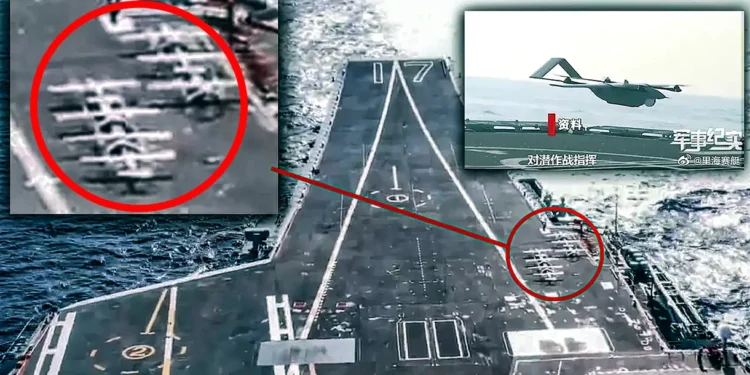 Un portaaviones chino es visto con una flota de drones en su cubierta