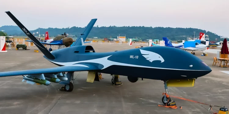 A WL-10, a medium altitude long endurance unmanned aerial vehicle developed by Chengdu Institute of Aviation Industry, is on display a day before the 13th China International Aviation and Aerospace Exhibition (Airshow China 2021) on September 27, 2021 in Zhuhai, Guangdong Province of China. (Photo by Qian Baihua/VCG via Getty Images)
