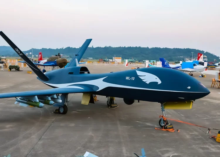 A WL-10, a medium altitude long endurance unmanned aerial vehicle developed by Chengdu Institute of Aviation Industry, is on display a day before the 13th China International Aviation and Aerospace Exhibition (Airshow China 2021) on September 27, 2021 in Zhuhai, Guangdong Province of China. (Photo by Qian Baihua/VCG via Getty Images)
