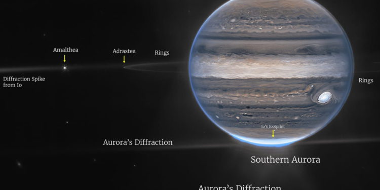 Un nuevo telescopio espacial muestra a Júpiter con auroras y lunas diminutas