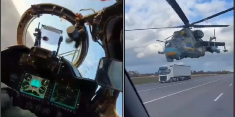 Helicópteros Mi-24 rusos vuelan a ras del suelo en Ucrania
