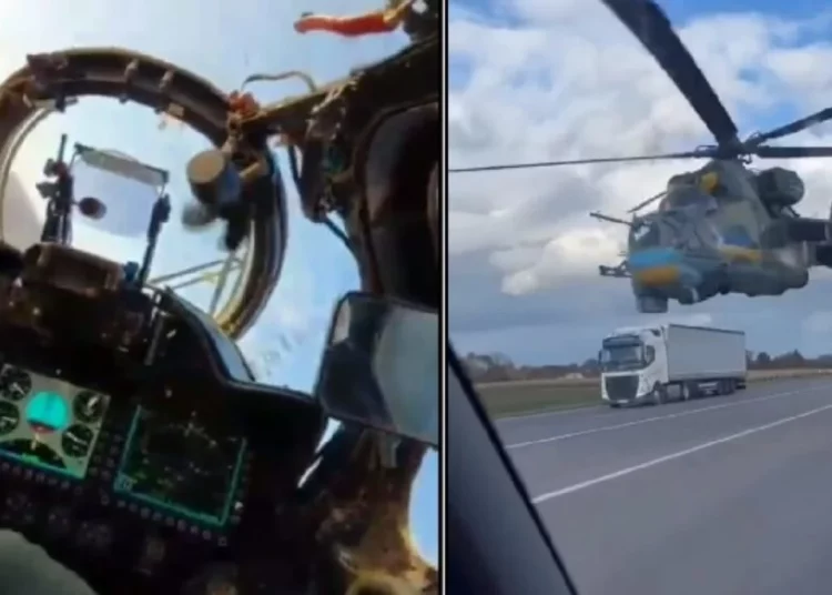 Helicópteros Mi-24 rusos vuelan a ras del suelo en Ucrania