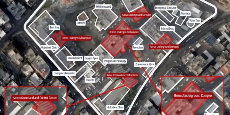 Imagen de satélite de las instalaciones de Shifa, en el que se afirma que aparecen centros de mando de Hamás ocultos bajo las instalaciones.