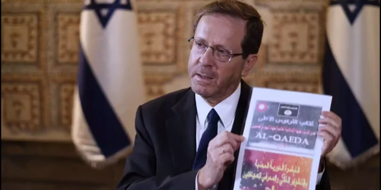 President Isaac Herzog shows materials recovered from the body of a Hamas terrorist during an interview with Sky News, October 22, 2023. (Screenshot: used in accordance with Clause 27a of the Copyright Law)