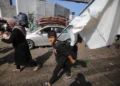 Gazatíes con banderas blancas y algunos con los brazos en alto