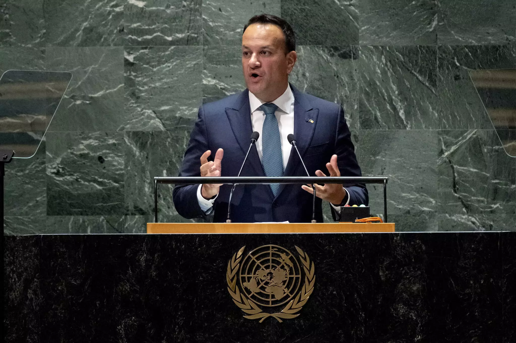 Leo Varadkar Taoiseach (Primer Ministro) de Irlanda se dirige a la 78ª sesión de la Asamblea General de las Naciones Unidas, 22 de septiembre de 2023. (Craig Ruttle/AP)